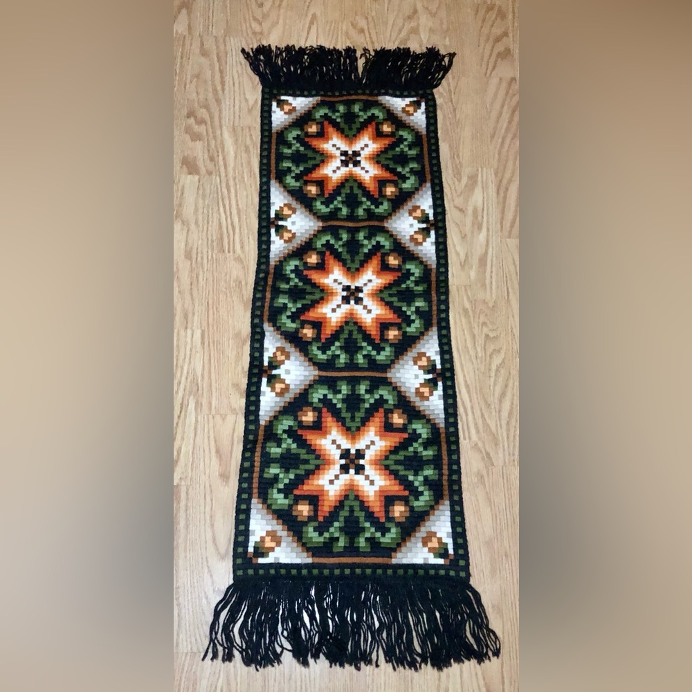 Vintage Scandinavian hand woven colorful runner tapestry